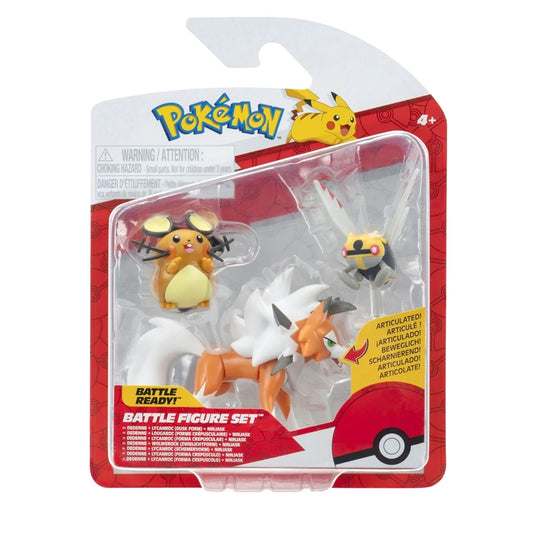 Figuras de combate Pokemon Dedenne, Ninjask y Lycanroc