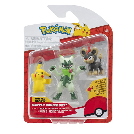 Set de figuras de Batalla Pokemon Pikachu, Litleo y Floragato